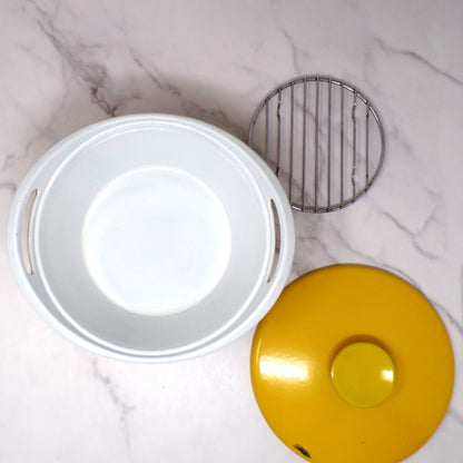 Vintage NACCO Denmark Enameled Cast Iron Dutch Oven with Rack and Lid, Yellow & White (1960s)