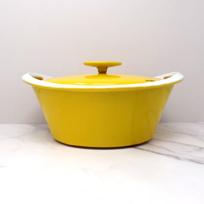 Vintage NACCO Denmark Enameled Cast Iron Dutch Oven with Rack and Lid, Yellow & White (1960s)