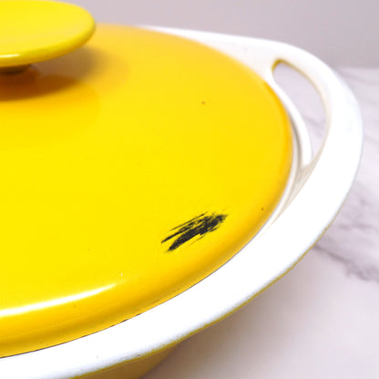 Vintage NACCO Denmark Enameled Cast Iron Dutch Oven with Rack and Lid, Yellow & White (1960s)