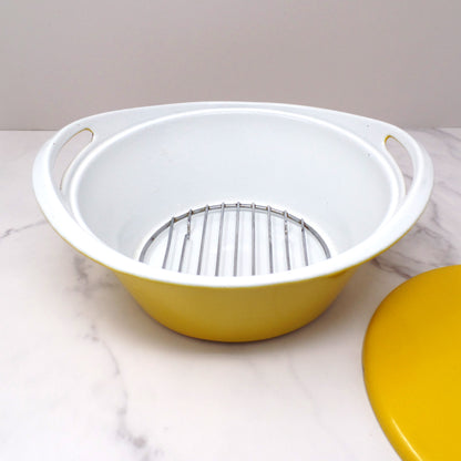 Vintage NACCO Denmark Enameled Cast Iron Dutch Oven with Rack and Lid, Yellow & White (1960s)