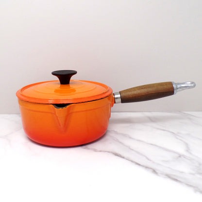 Vintage Cousances Enameled Cast Iron Saucepan / Milkpan with Lid (1 Qt / no. 16) Flame Orange (1960s)