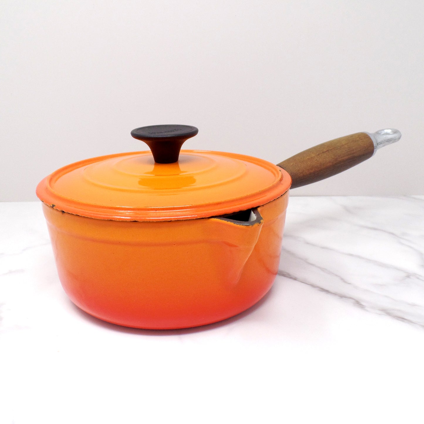 Vintage Cousances Enameled Cast Iron Saucepan / Milkpan with Lid (1 Qt / no. 16) Flame Orange (1960s)