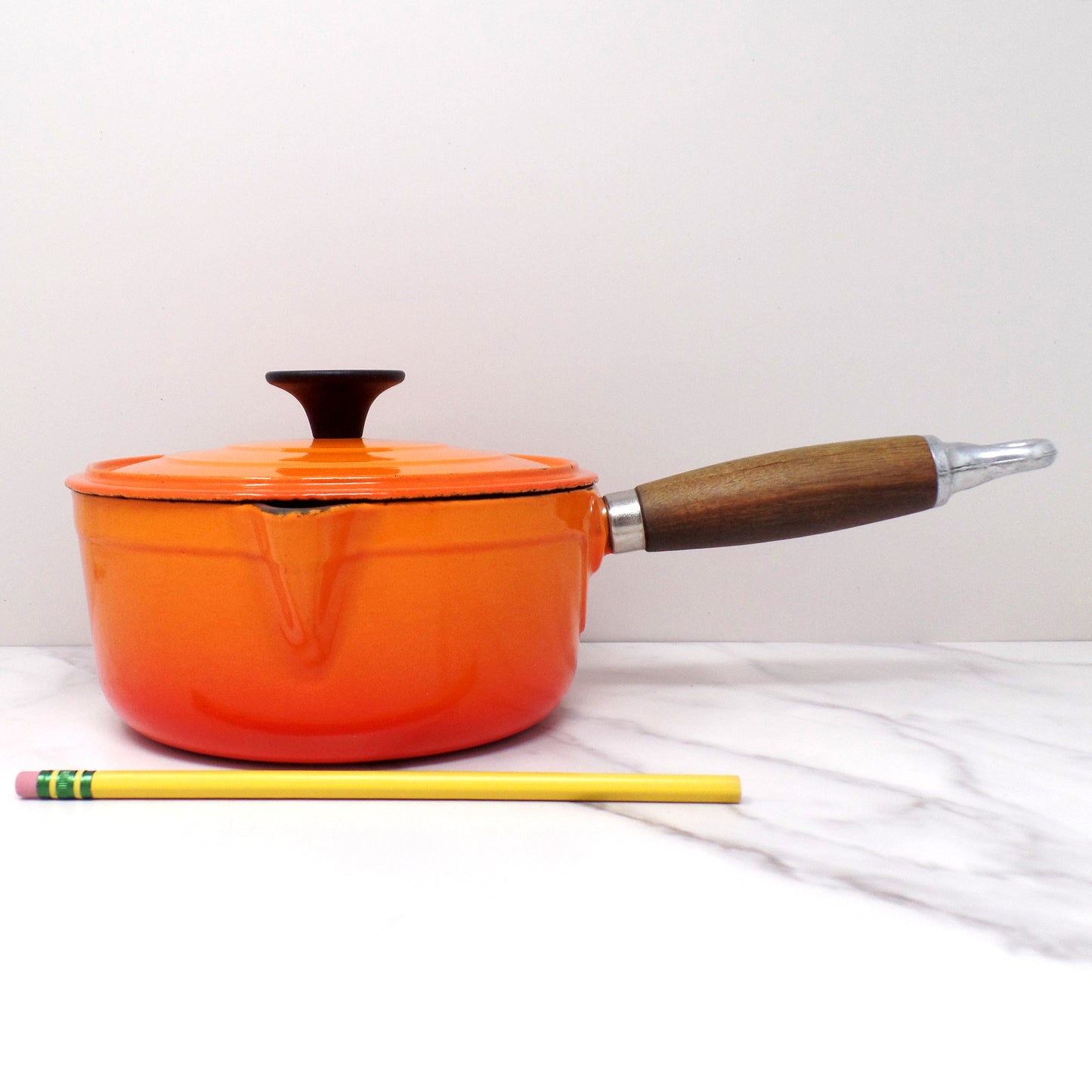 Vintage Cousances Enameled Cast Iron Saucepan / Milkpan with Lid (1 Qt / no. 16) Flame Orange (1960s)