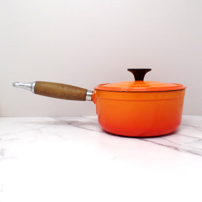 Vintage Cousances Enameled Cast Iron Saucepan / Milkpan with Lid (1 Qt / no. 16) Flame Orange (1960s)