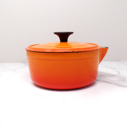 Vintage Cousances Enameled Cast Iron Saucepan / Milkpan with Lid (1 Qt / no. 16) Flame Orange (1960s)