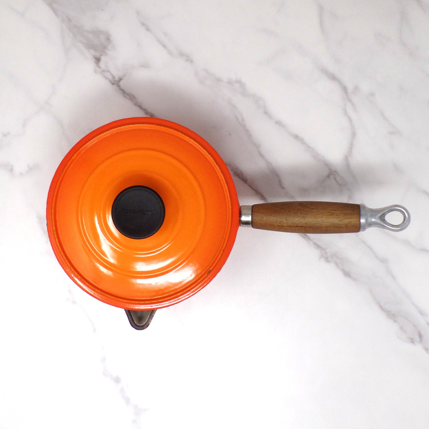 Vintage Cousances Enameled Cast Iron Saucepan / Milkpan with Lid (1 Qt / no. 16) Flame Orange (1960s)