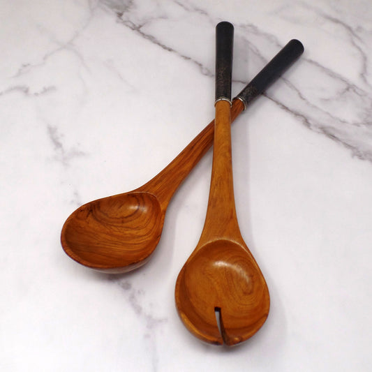 Vintage Wood and Metal Salad Serving Utensil Set, Handmade in Peru