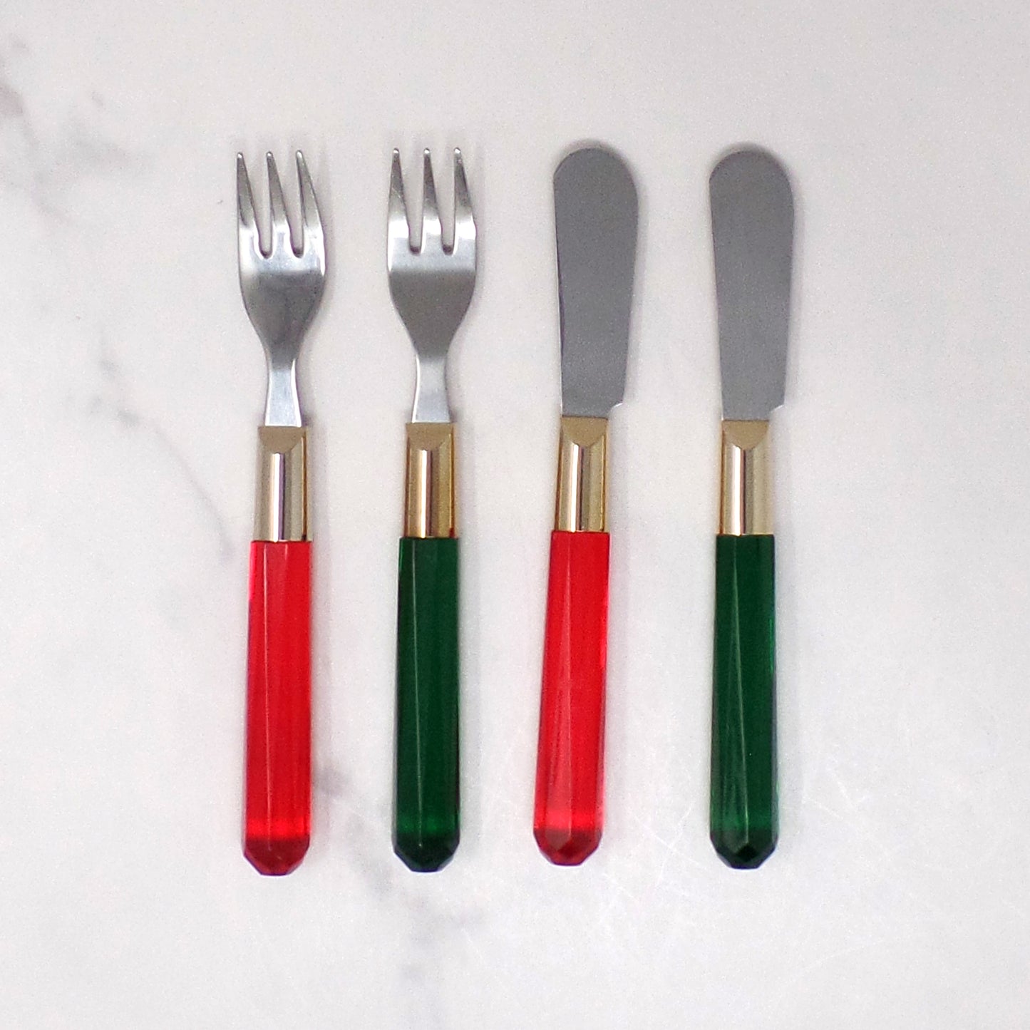 Vintage Red & Green Acrylic-handled Stainless Steel Charcuterie / Appetizer Cheese Spreaders & Forks, set of 4 (1980s)