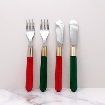 Vintage Red & Green Acrylic-handled Stainless Steel Charcuterie / Appetizer Cheese Spreaders & Forks, set of 4 (1980s)