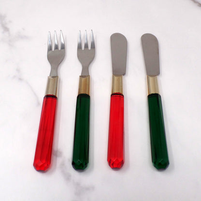 Vintage Red & Green Acrylic-handled Stainless Steel Charcuterie / Appetizer Cheese Spreaders & Forks, set of 4 (1980s)