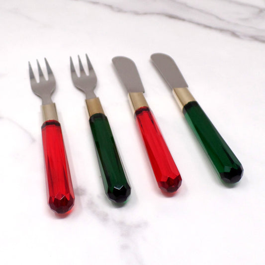 Vintage Red & Green Acrylic-handled Stainless Steel Charcuterie / Appetizer Cheese Spreaders & Forks, set of 4 (1980s)