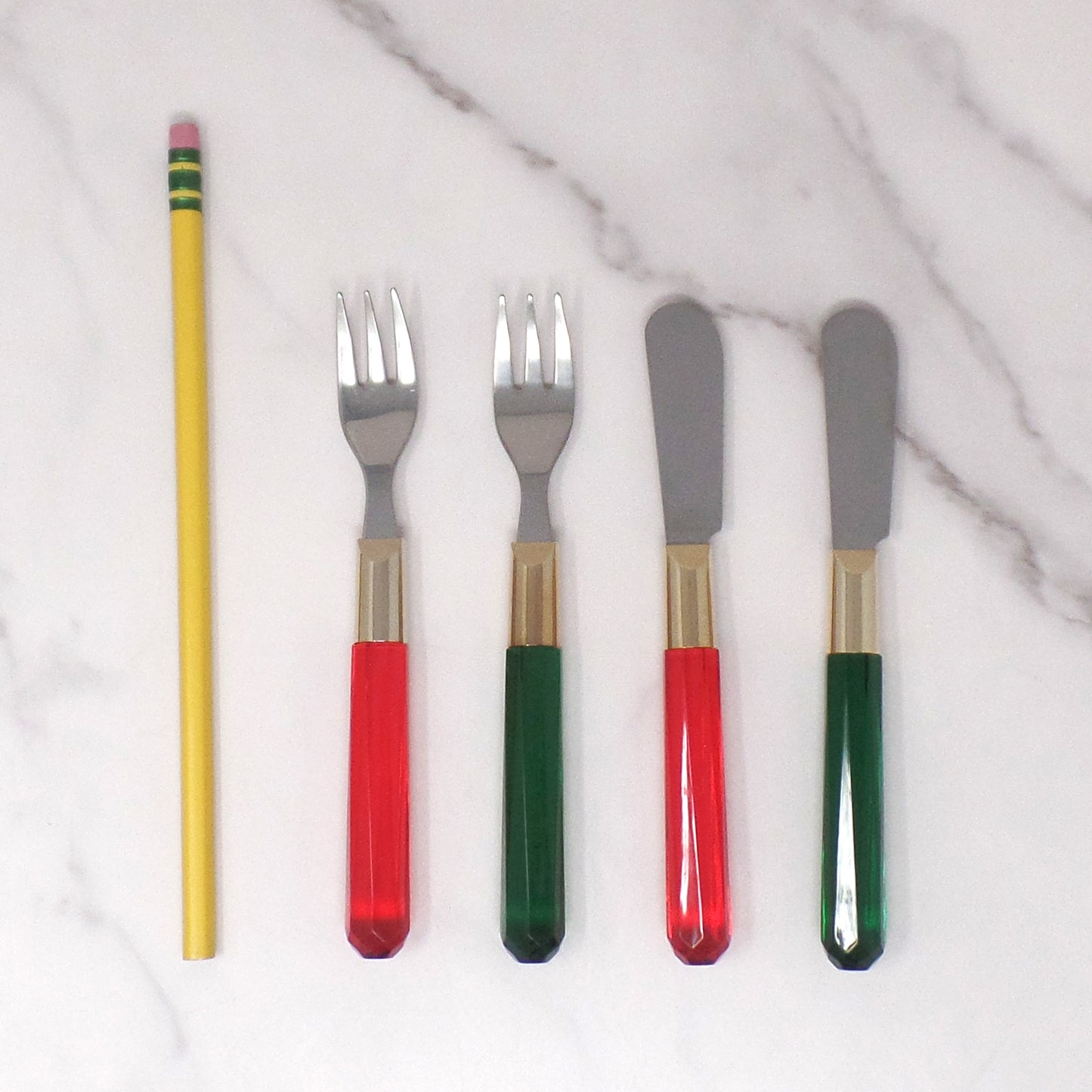 Vintage Red & Green Acrylic-handled Stainless Steel Charcuterie / Appetizer Cheese Spreaders & Forks, set of 4 (1980s)