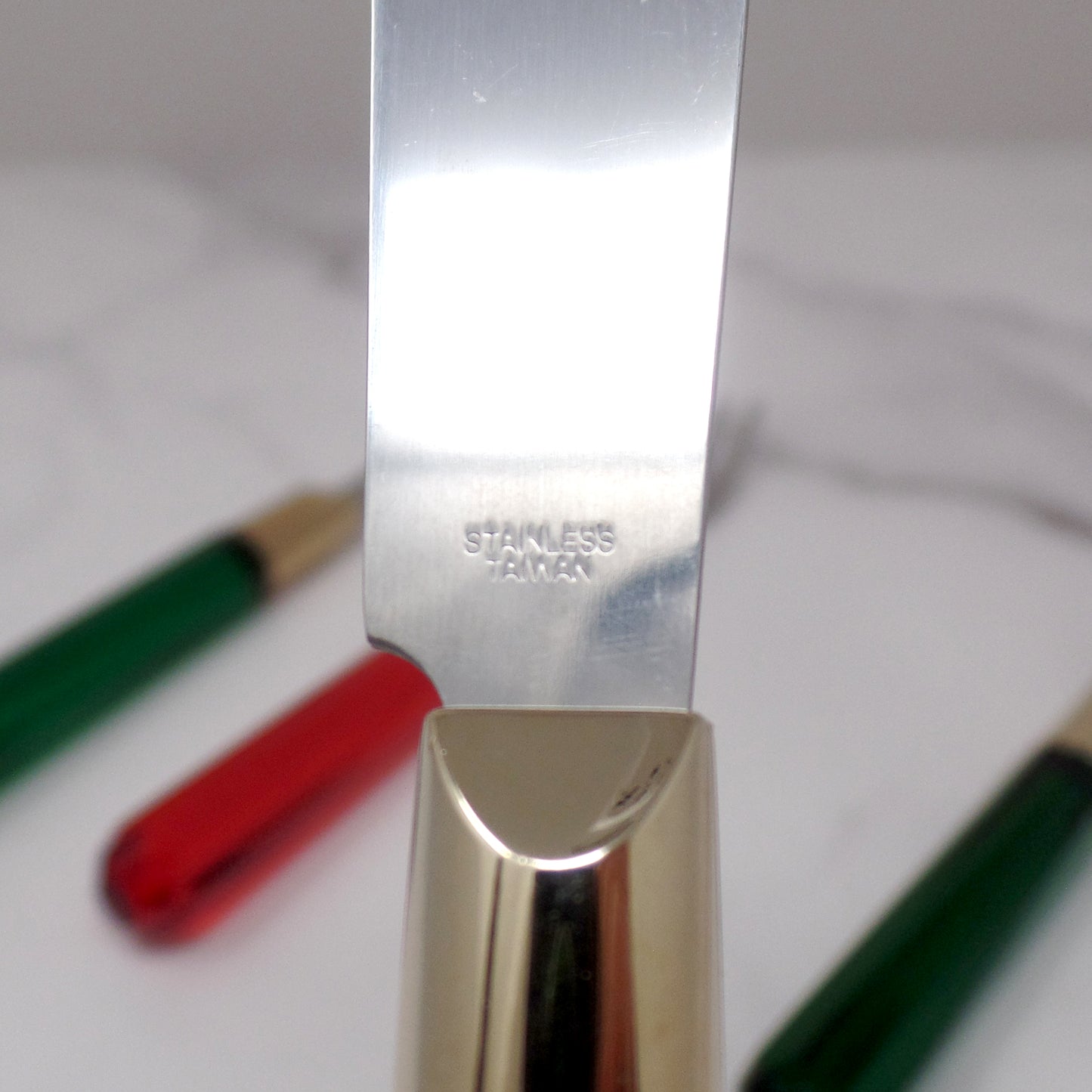 Vintage Red & Green Acrylic-handled Stainless Steel Charcuterie / Appetizer Cheese Spreaders & Forks, set of 4 (1980s)