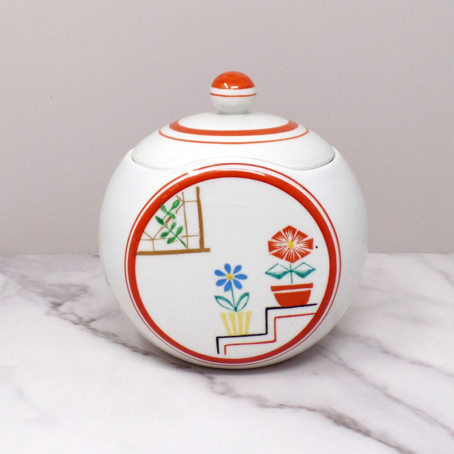 Vintage Japanese Ceramic Sugar Bowl, Flowers on Steps (1940s)