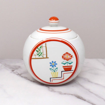 Vintage Japanese Ceramic Sugar Bowl, Flowers on Steps (1940s)