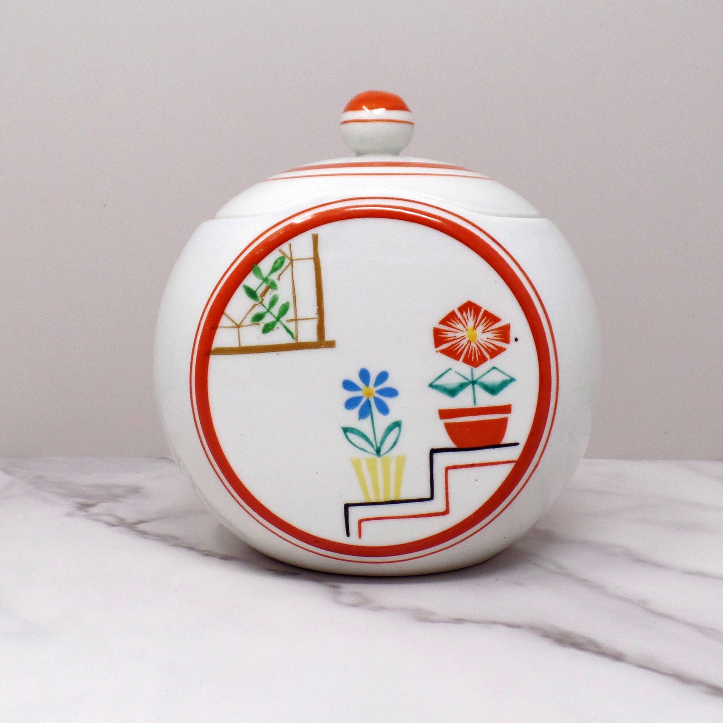 Vintage Japanese Ceramic Sugar Bowl, Flowers on Steps (1940s)