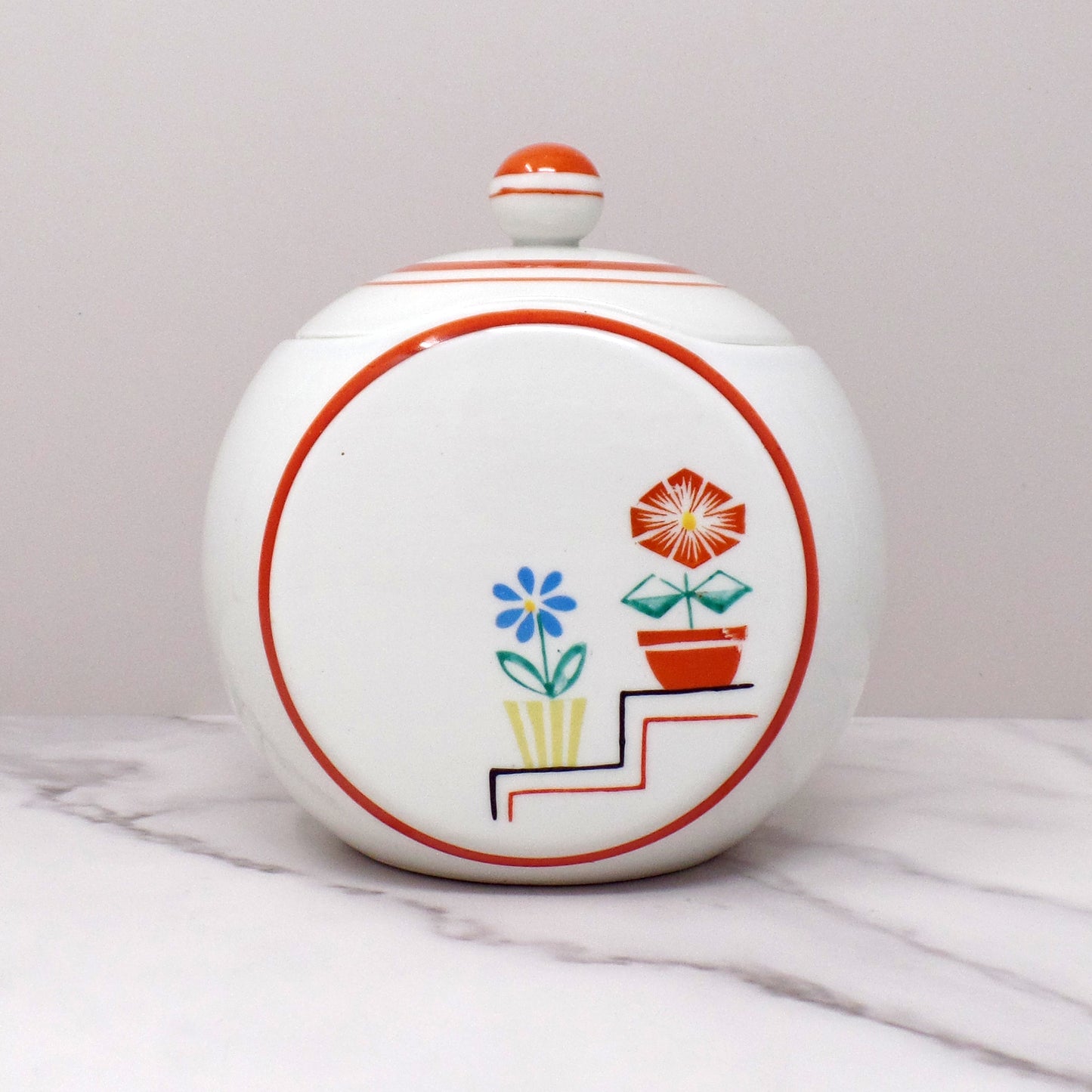 Vintage Japanese Ceramic Sugar Bowl, Flowers on Steps (1940s)