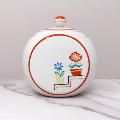 Vintage Japanese Ceramic Sugar Bowl, Flowers on Steps (1940s)
