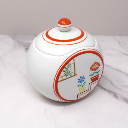 Vintage Japanese Ceramic Sugar Bowl, Flowers on Steps (1940s)