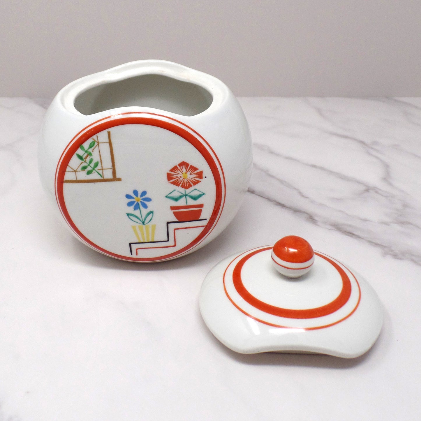 Vintage Japanese Ceramic Sugar Bowl, Flowers on Steps (1940s)