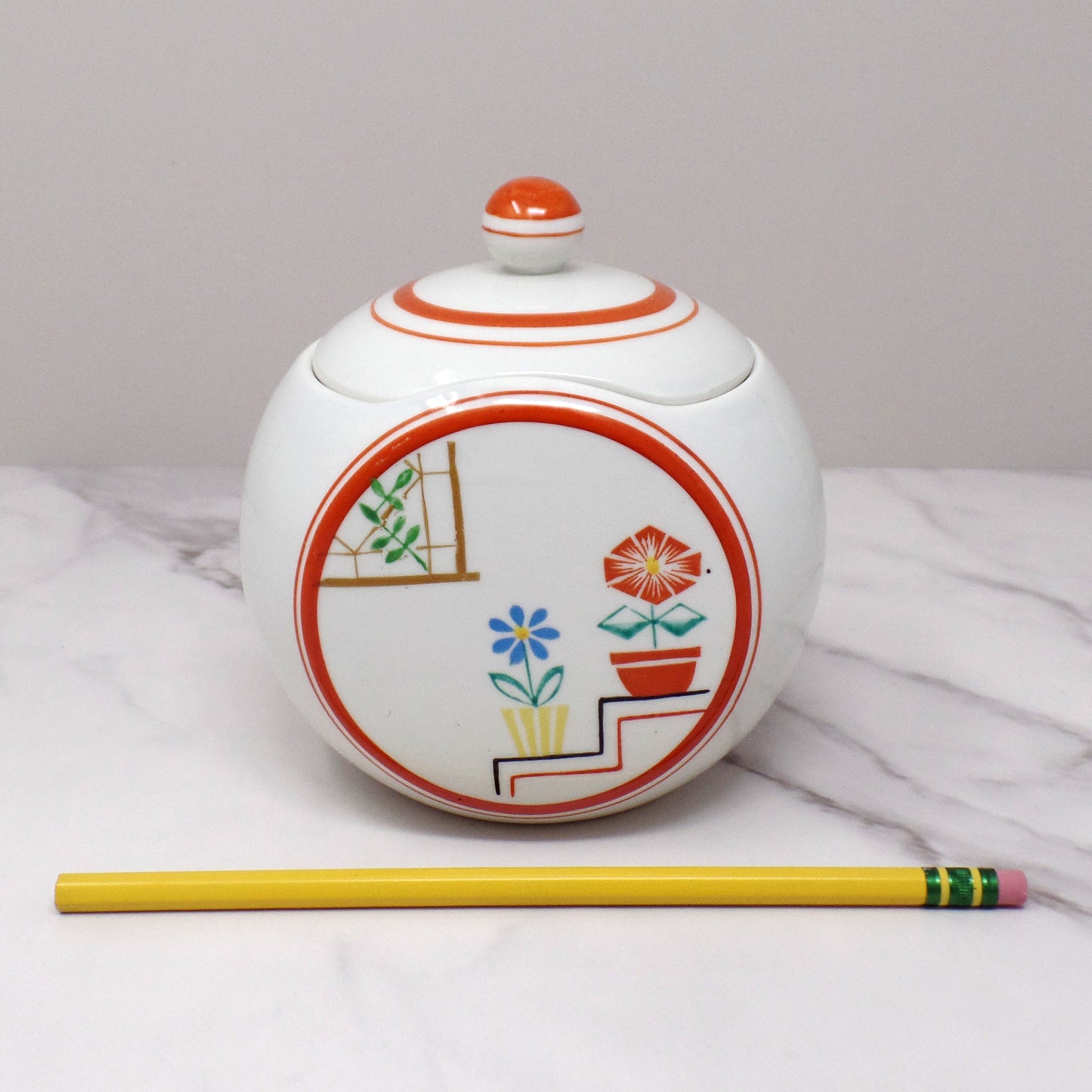 Vintage Japanese Ceramic Sugar Bowl, Flowers on Steps (1940s)