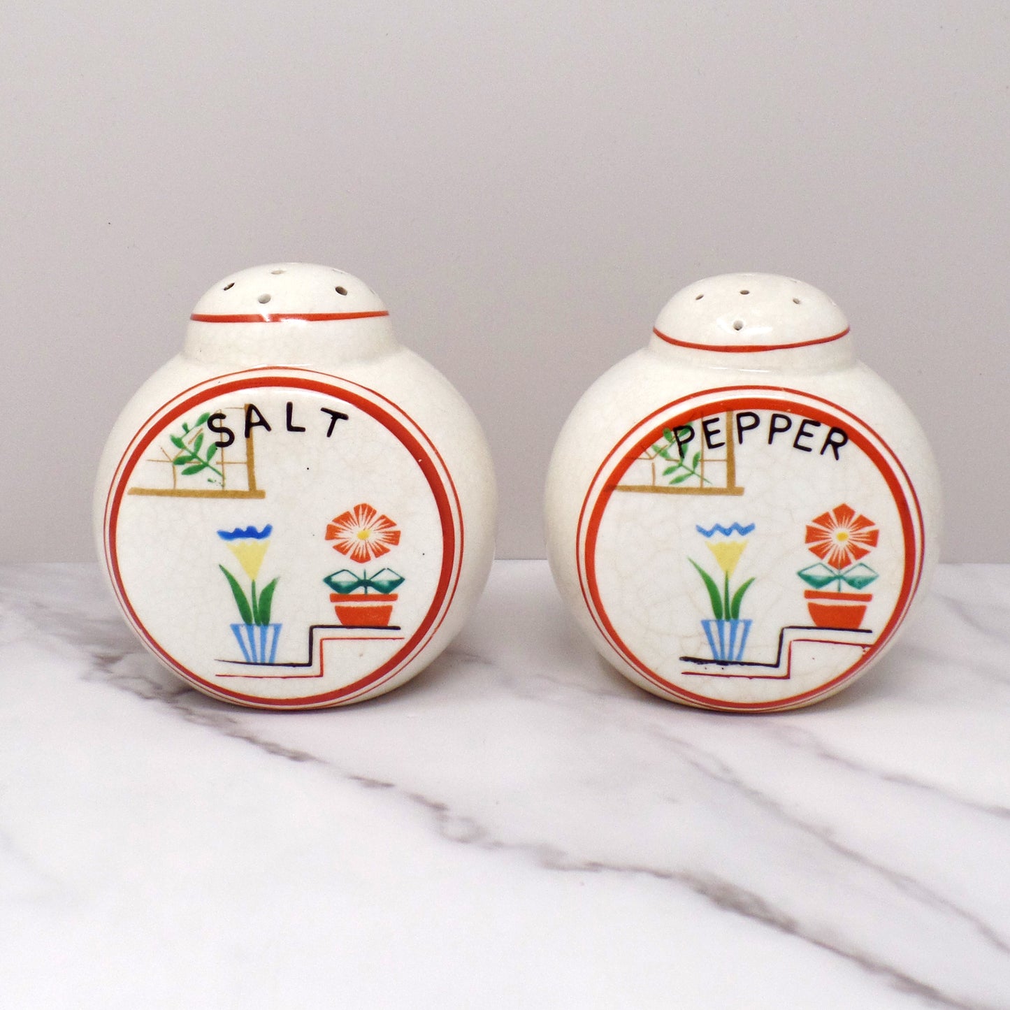 Vintage Japanese Ceramic Salt and Pepper Shakers, Flowers on Steps (1940s)