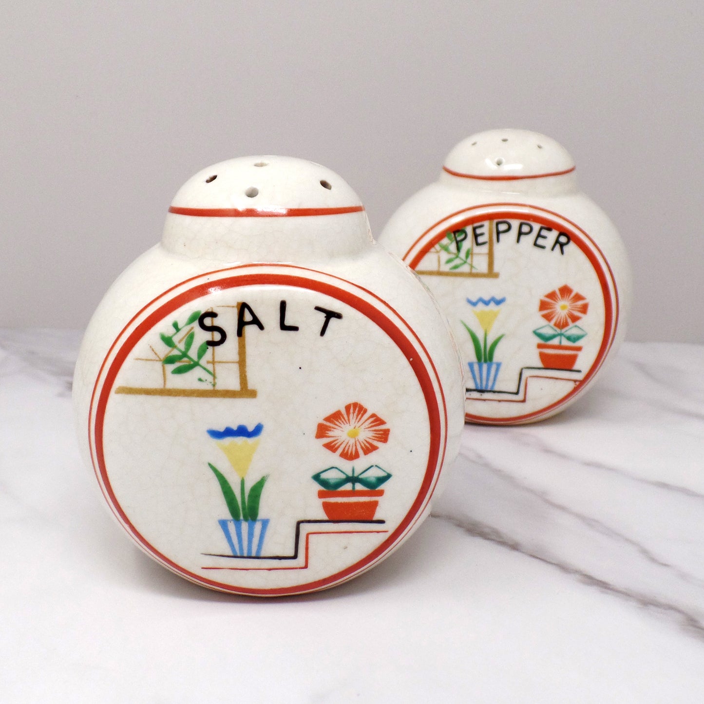 Vintage Japanese Ceramic Salt and Pepper Shakers, Flowers on Steps (1940s)