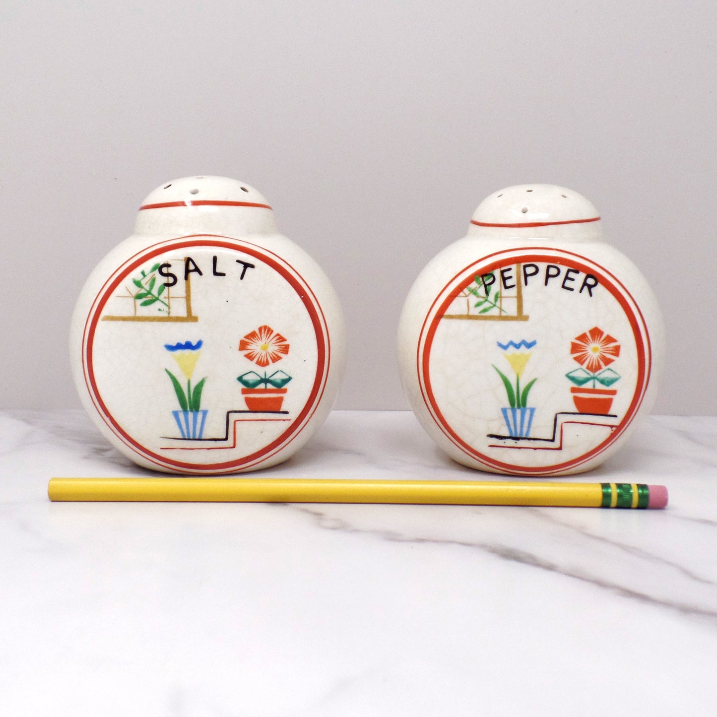 Vintage Japanese Ceramic Salt and Pepper Shakers, Flowers on Steps (1940s)