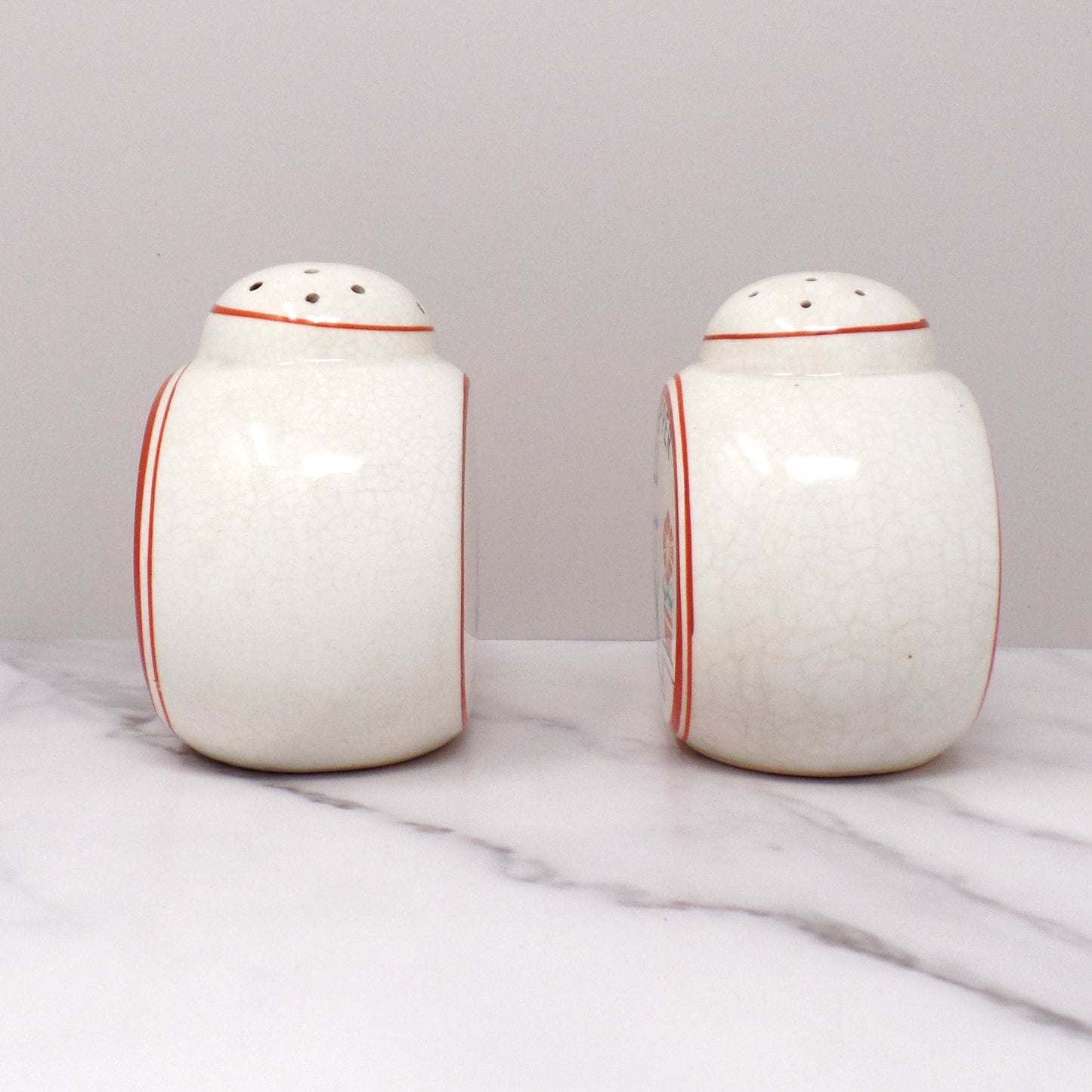 Vintage Japanese Ceramic Salt and Pepper Shakers, Flowers on Steps (1940s)