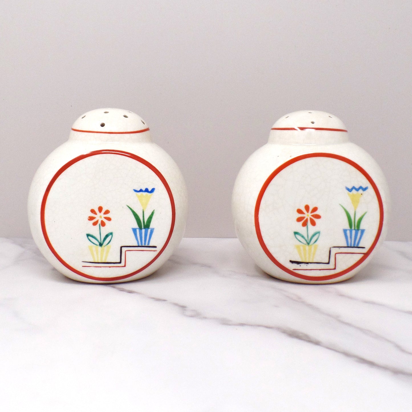 Vintage Japanese Ceramic Salt and Pepper Shakers, Flowers on Steps (1940s)