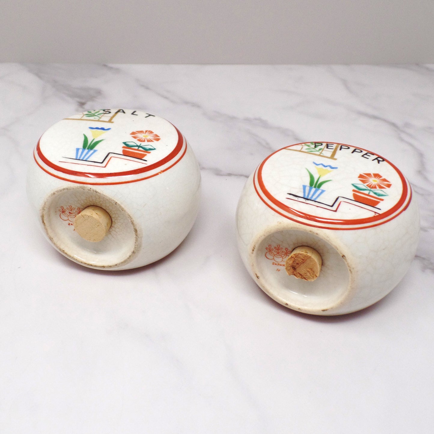 Vintage Japanese Ceramic Salt and Pepper Shakers, Flowers on Steps (1940s)