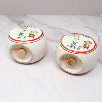 Vintage Japanese Ceramic Salt and Pepper Shakers, Flowers on Steps (1940s)