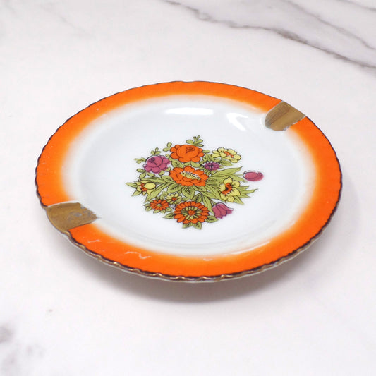 Vintage Japanese Porcelain Ashtray - Orange & Gold Rimmed with Floral Bouquet (1960s)