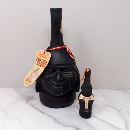 Pisco Caramba Ranuzzi Peruvian Head Inca Liquor Bottles, Large & Mini (1970s)
