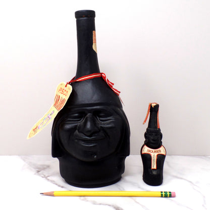 Pisco Caramba Ranuzzi Peruvian Head Inca Liquor Bottles, Large & Mini (1970s)
