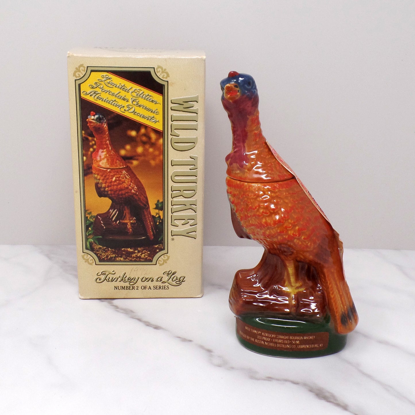 Vintage Ceramic Wild Turkey Mini Decanter in Original Box, Turkey on a Log (1972)
