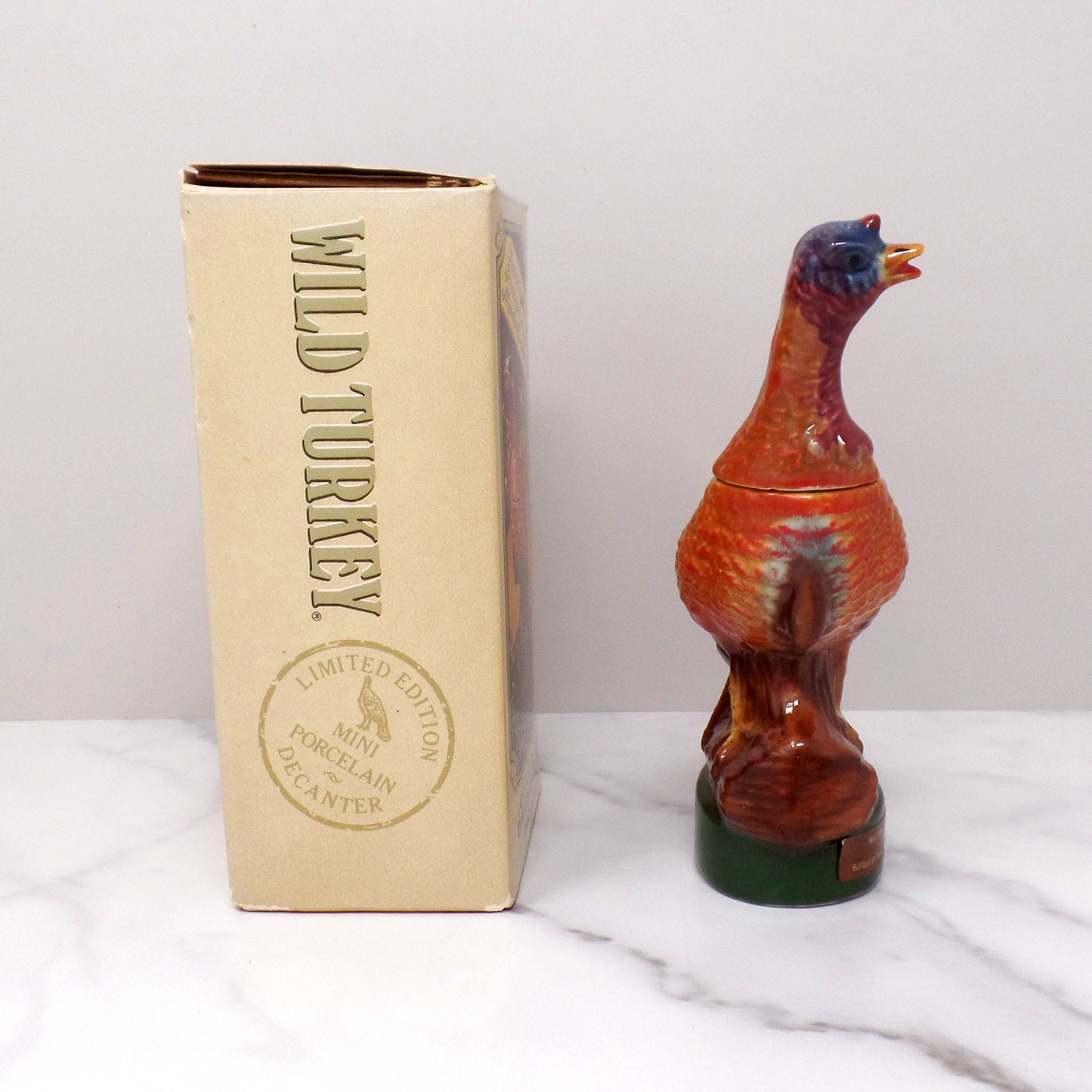 Vintage Ceramic Wild Turkey Mini Decanter in Original Box, Turkey on a Log (1972)