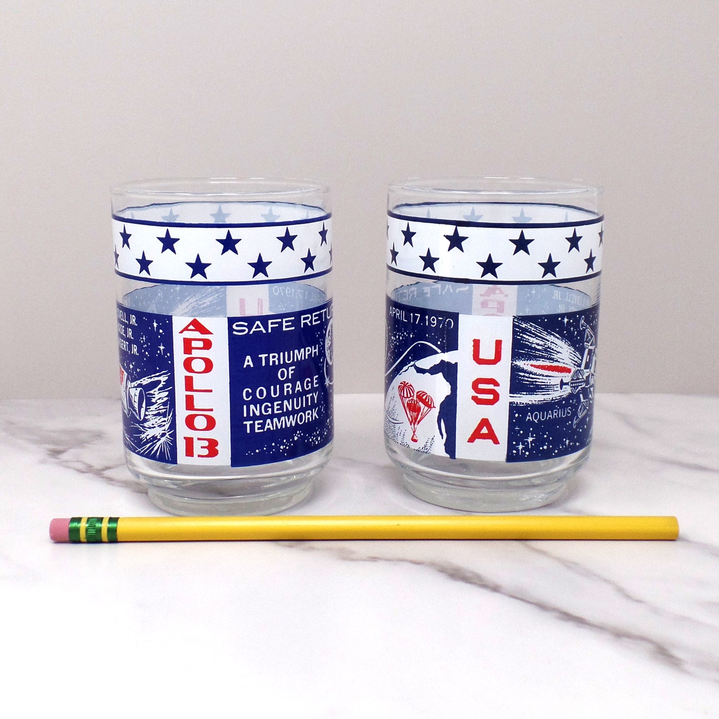 Vintage Libbey Apollo 13 NASA Moon Mission Lowball / Juice Glass, set of 2 (1970)