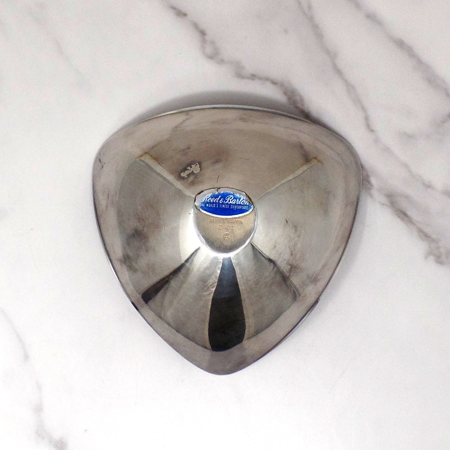 Vintage Reed & Barton Blue Enamel Silverplate Triangular Bowl, 241 (1960s)