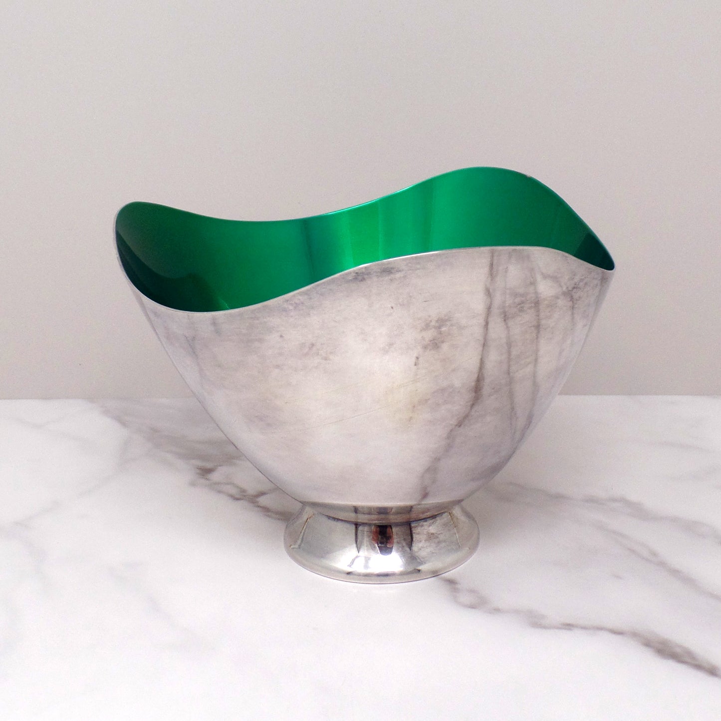 Vintage Carl Christiansen Green Enamel Silverplate Wave Bowl (1960s)