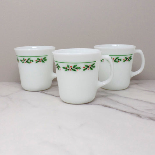 Vintage Corning / Pyrex Glass Holly Days Mugs, set of 3 (1985)