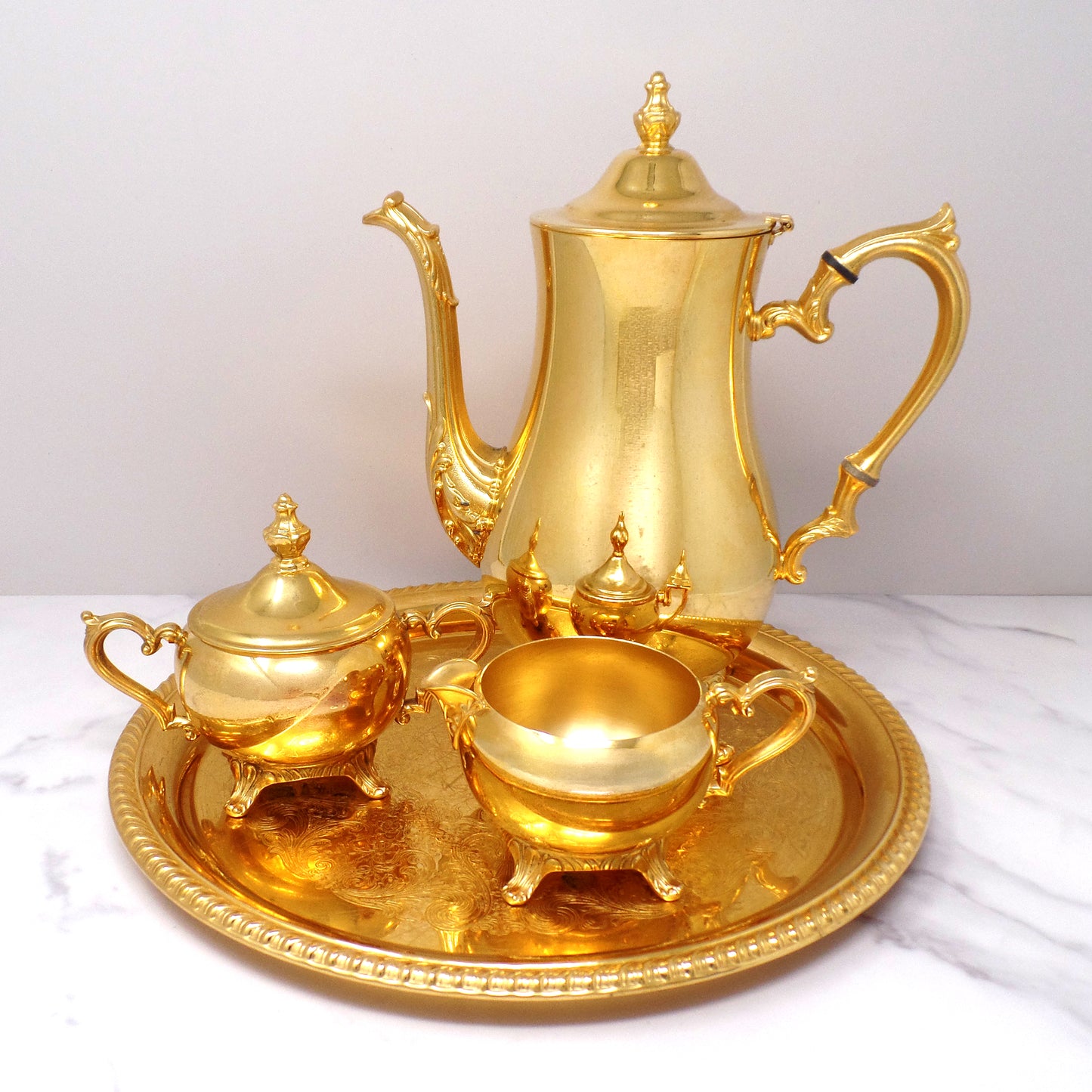 Vintage International Silver Company Electroplated 24 KT Gold Coffee / Tea Set (1960s)