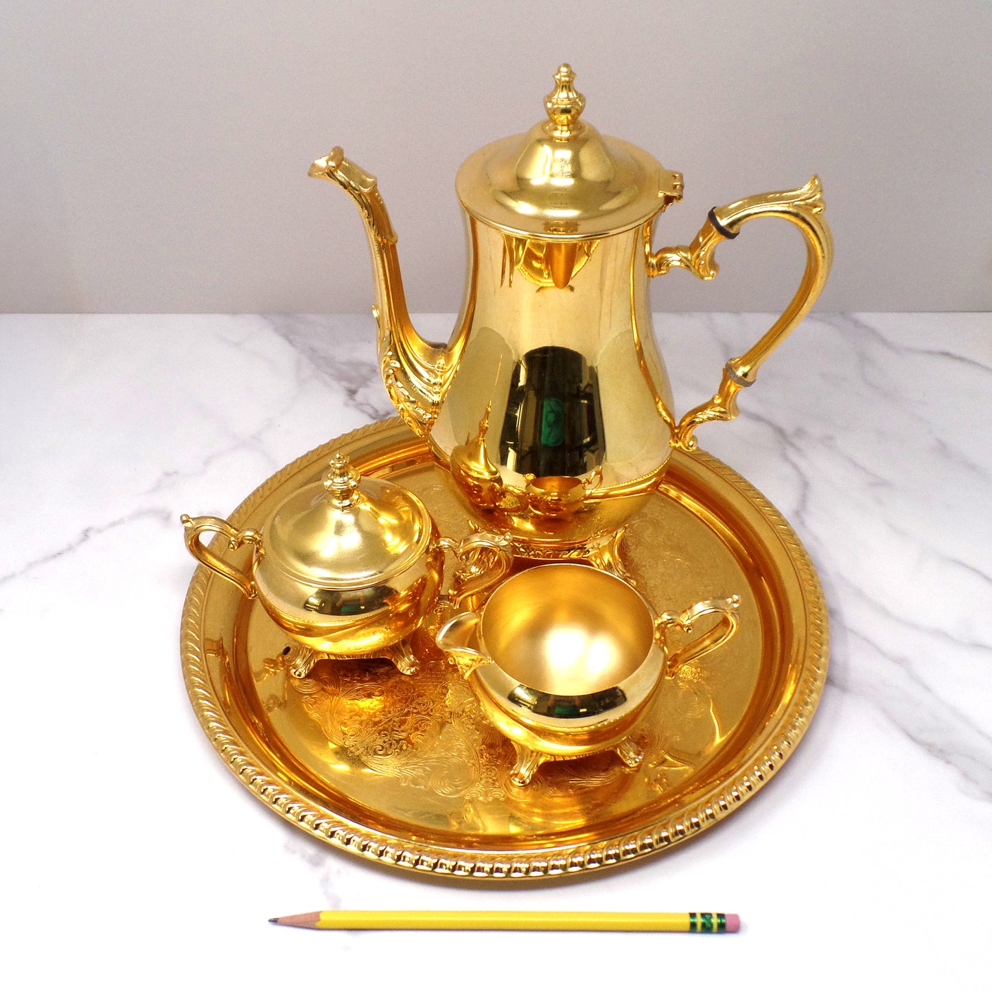Vintage International Silver Company Electroplated 24 KT Gold Coffee / Tea Set (1960s)