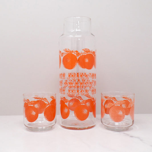 Vintage Libbey Orange Juice Set - Carafe (40 oz) and Two 10 oz Glasses, No Lid (1970s)