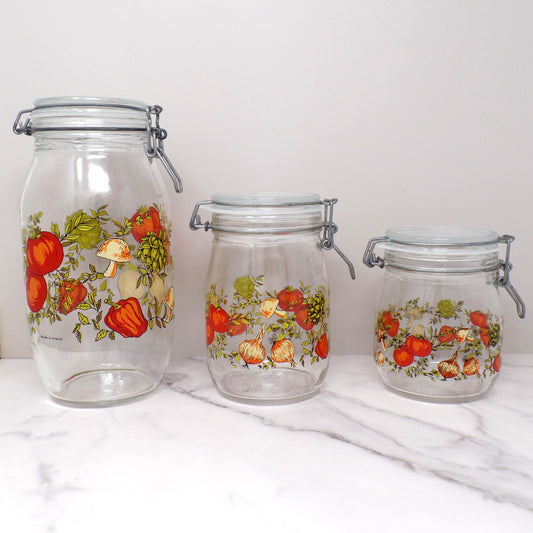 Vintage Arc France Spice Of Life Glass Canister Jar Set with New Gaskets, set of 3 (1970)