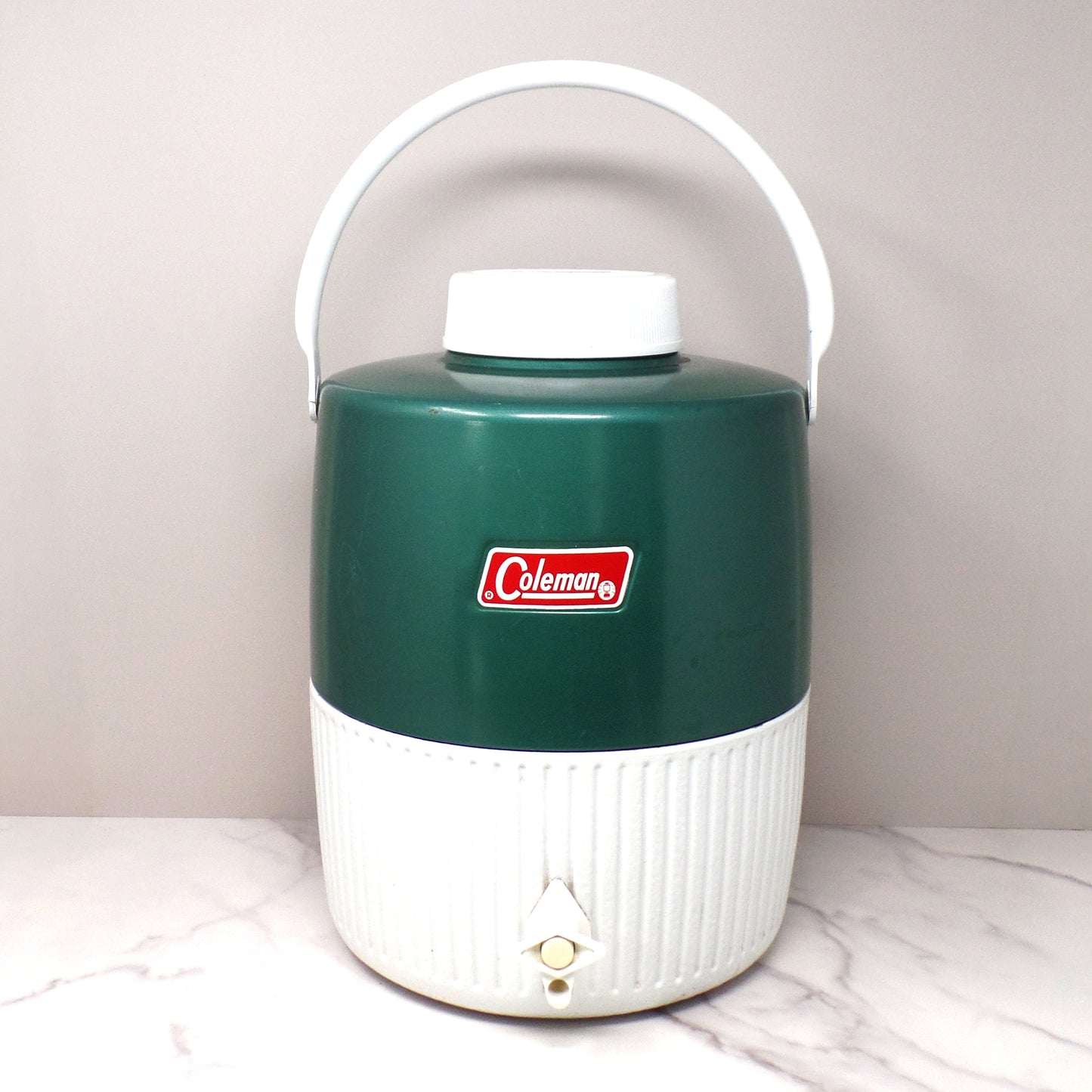 Vintage Coleman 2 Gallon Green & White Water Dispenser Thermos Jug Cooler with Enclosed Cup (1970s-80s)