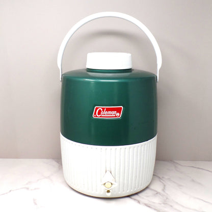 Vintage Coleman 2 Gallon Green & White Water Dispenser Thermos Jug Cooler with Enclosed Cup (1970s-80s)