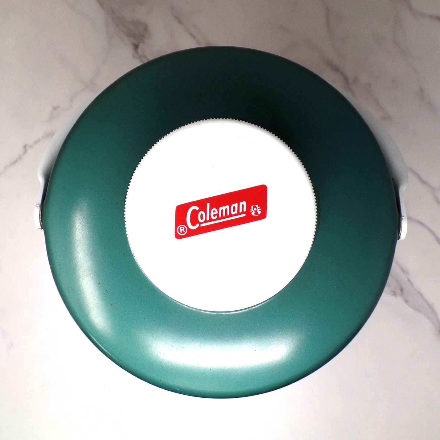 Vintage Coleman 2 Gallon Green & White Water Dispenser Thermos Jug Cooler with Enclosed Cup (1970s-80s)