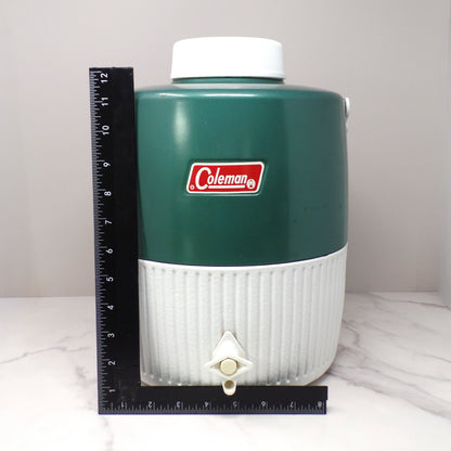 Vintage Coleman 2 Gallon Green & White Water Dispenser Thermos Jug Cooler with Enclosed Cup (1970s-80s)