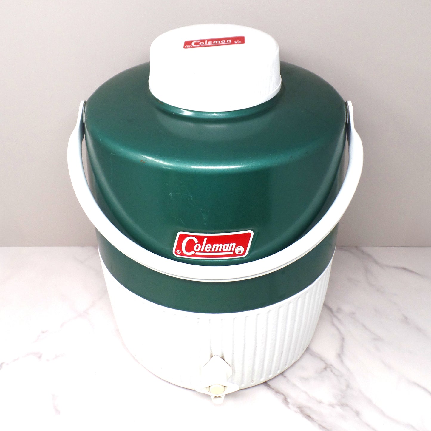 Vintage Coleman 2 Gallon Green & White Water Dispenser Thermos Jug Cooler with Enclosed Cup (1970s-80s)